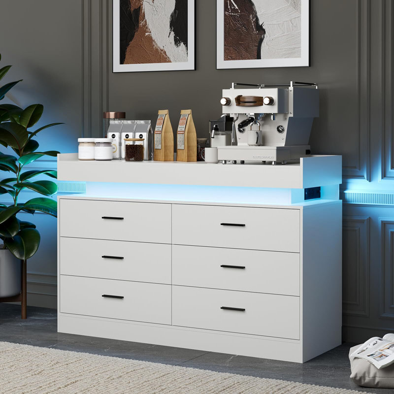 47.24" Modern Dresser for Bedroom, TV Stand with Charging Station, Floating 6-Drawer Sideboard Cabinet for Home, White