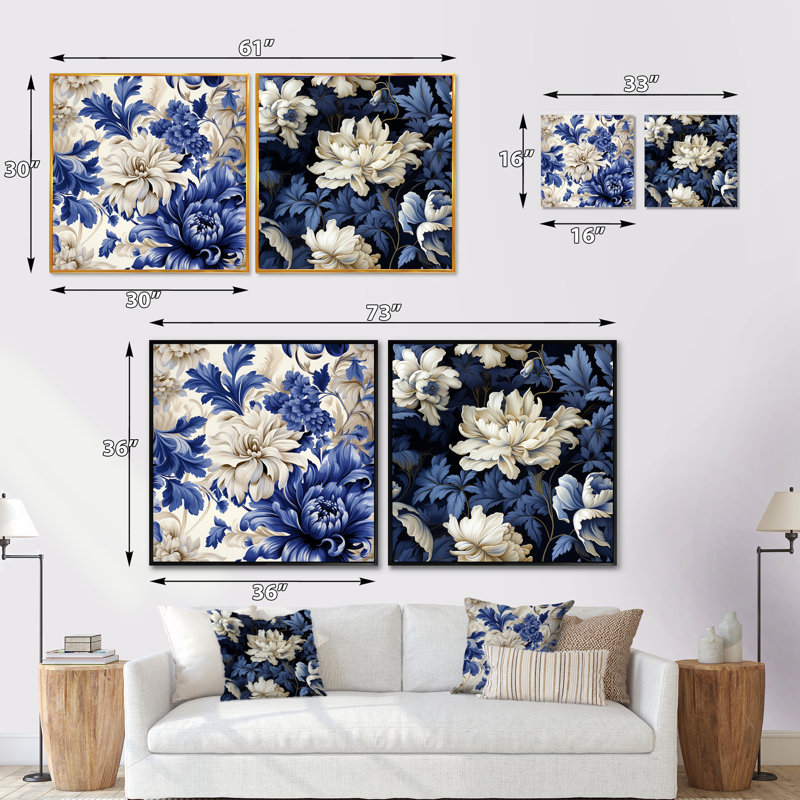 Ensemble victorien victorien de brocart bleu cobalt victorien, Cadre flottant noir, H 30 po x l 61 po