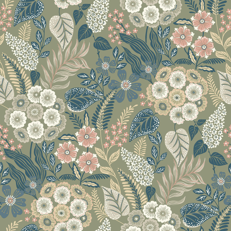Karuna Collection Classic Floral Bunches Wallpaper Roll, Green