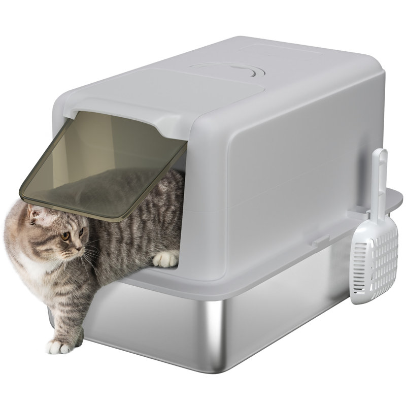 Stainless Steel Cat Litter Box with Removable Lid Scoop, Grey