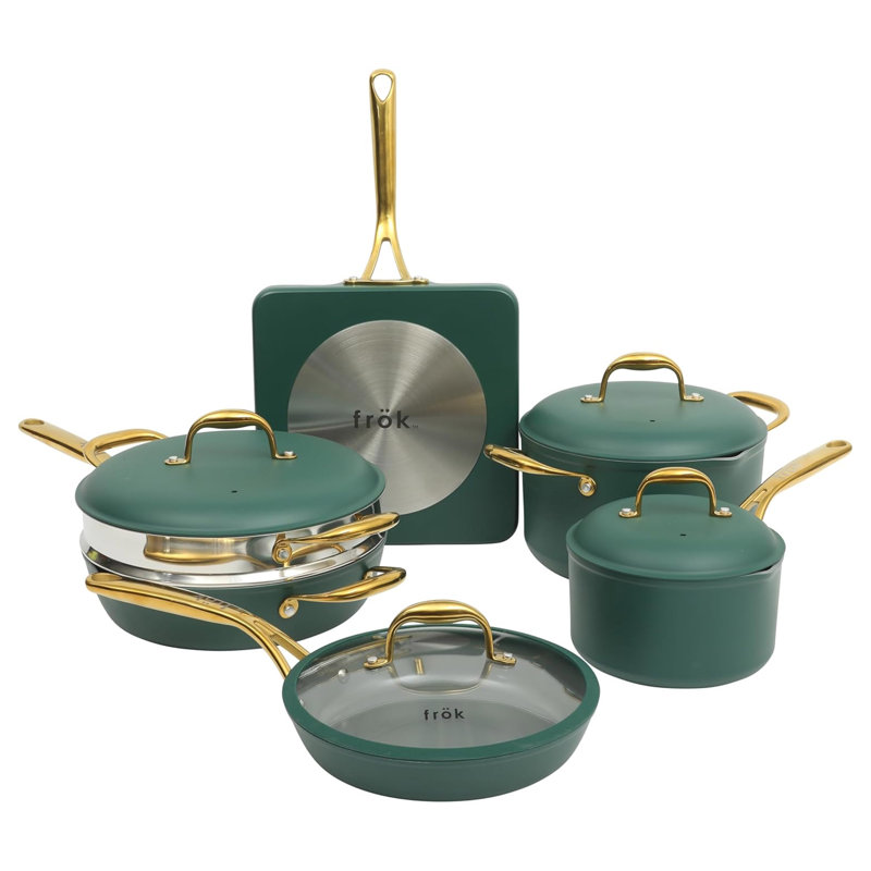Ensemble de batterie de cuisine antiadhésive en aluminium vert 10 pièces avec poignées dorées Frok, Green