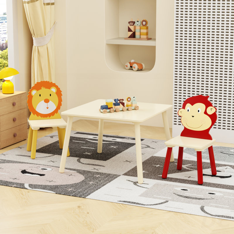Kids Table And 2 Chairs Set, 3 Pieces Toddler Table And Chair Set, Wooden Activity Play Table Set (Lion&Monkey)