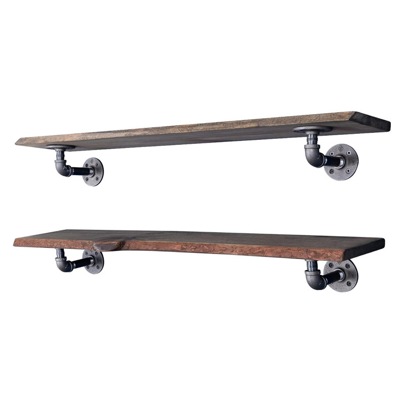 Live Edge Wood Shelf With Industrial Pipe Brackets - Handcrafted Floating Shelf For Wall - Unique Grain Patterns & Steel Brackets - Sturdy & Stylish Home Decor (2-Pack)
