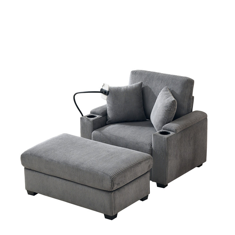 Méridienne surdimensionnée grise de 55 po avec rangement, porte-gobelet, support pour téléphone et port de charge, cadre en bois de pin massif et mousse haute densité pour chambre à coucher inclinable moderne, port