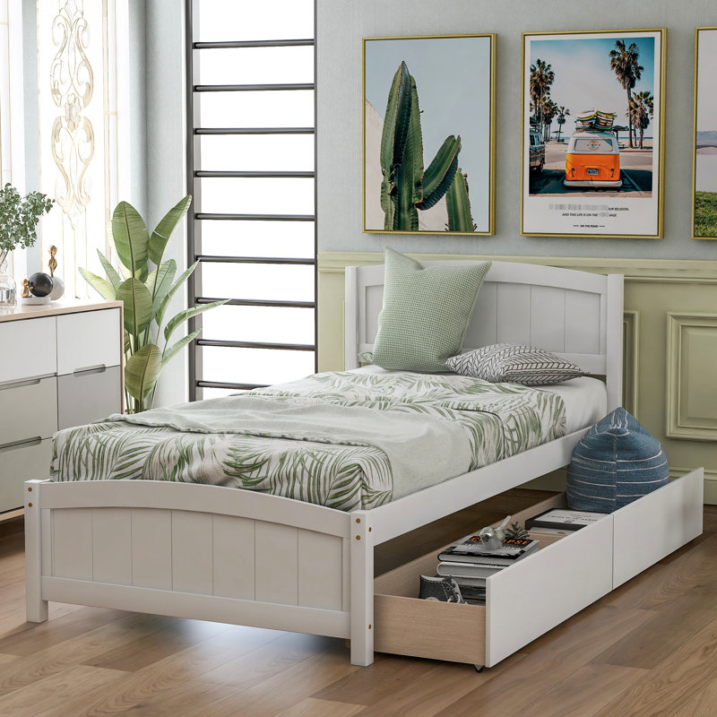 Twin Platform Bed With Two White Drawer Chests - Solid Wood For A Spacious Bedroom Size Embellishment Gorgeous