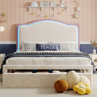 Chaille LED Bed Frames with Storage Drawer, Upholstered Platform Bed with Adjustable Headboard