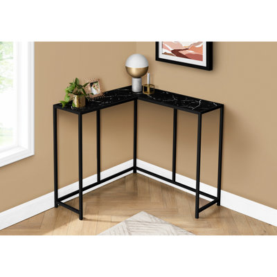 Console d'angle étroite - Stratifié aspect marbre noir pour le salon avec plateau et cadre de chambre en métal