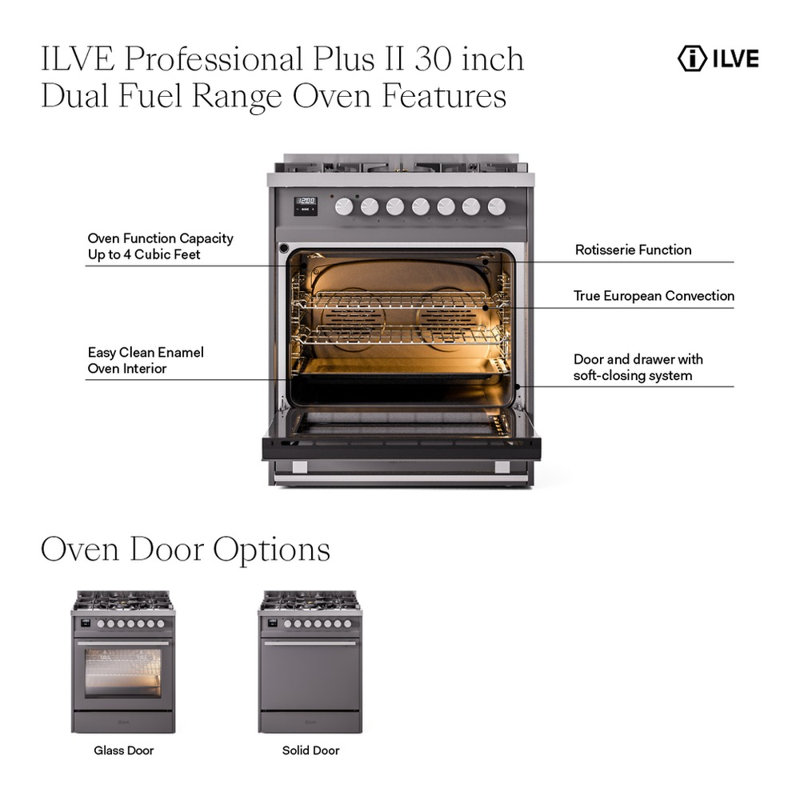 ILVE Professional Plus II 30 in Dual Fuel Range, Blue Gray/Stainless Steel, Natural Gas