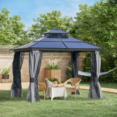 Auvent pour pavillon de jardin avec toit double en polycarbonate, cadre en aluminium, pavillon de jardin permanent avec filet et rideaux pour patio, jardin, cour, terrasse, pelouse