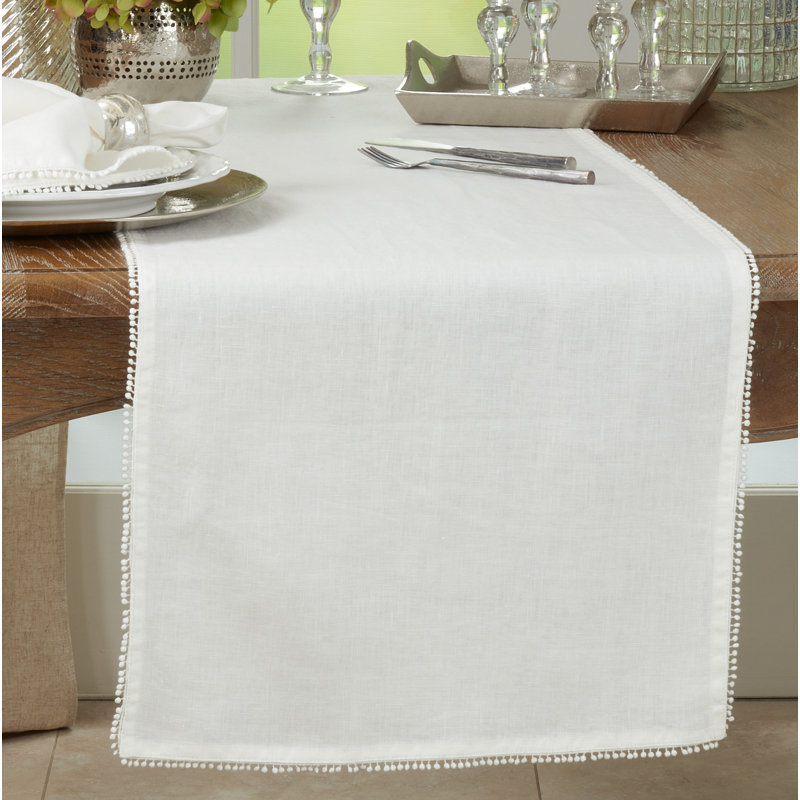 Trezza Mini Pom Pom Trim Table Runner, Ivory
