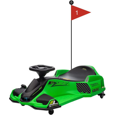 Voiture électrique de dérive 24 V pour enfants avec moteur sans balai de 180 W, vitesse variable jusqu'à 7,5 MPH, lumières DEL, musique USB et alarme de faible puissance, certifié ASTM CPC pouvant contenir 100 lb pour les enfants de 8 ans et plus, vert