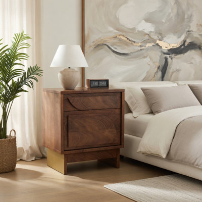 Table de chevet en bois avec 1 tiroir, finition noyer