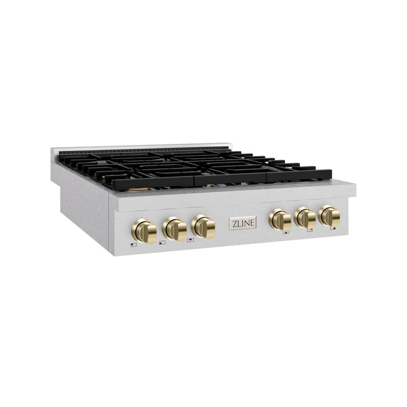 ZLINE 36 in. Autograph Paramount Gas Rangetop in DuraSnow® Steel w/ Bronze Accents, Satin Stainless Steel/Polished Gold
