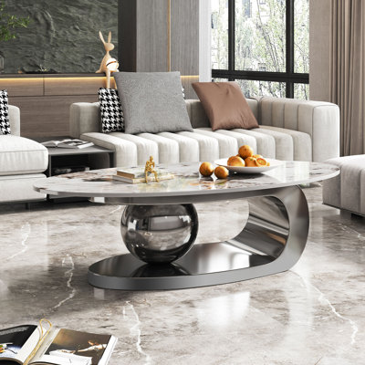 Table basse ovale de luxe surdimensionnée 49,2 po, table centrale contemporaine, plateau de table basse en marbre avec support sphérique surdimensionné pour le salon, base en acier inoxydable