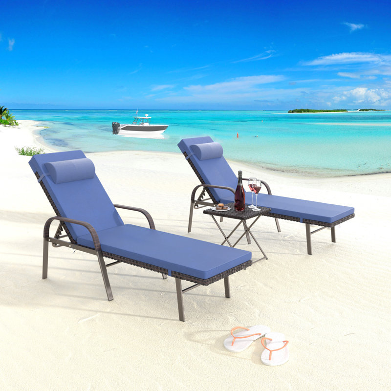 Ensemble 3 pièces de chaise longue en osier toutes saisons avec dossier réglable à six positions et coussins en mousse haute résilience
