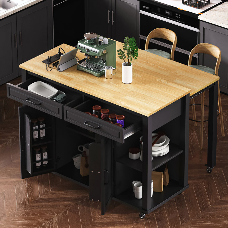Kitchen Island With Extendable Dining Table, Black