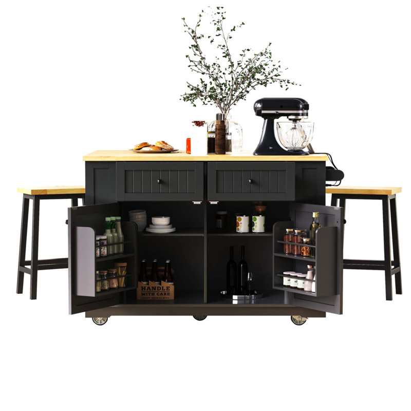 48Inch Kitchen Island With 2 Bar Stools, Black