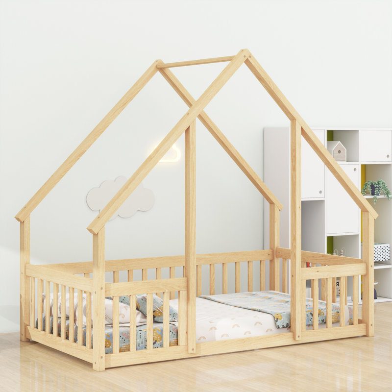 Modern House-Shaped Floor Bed With Fence, Guardrails, Natural