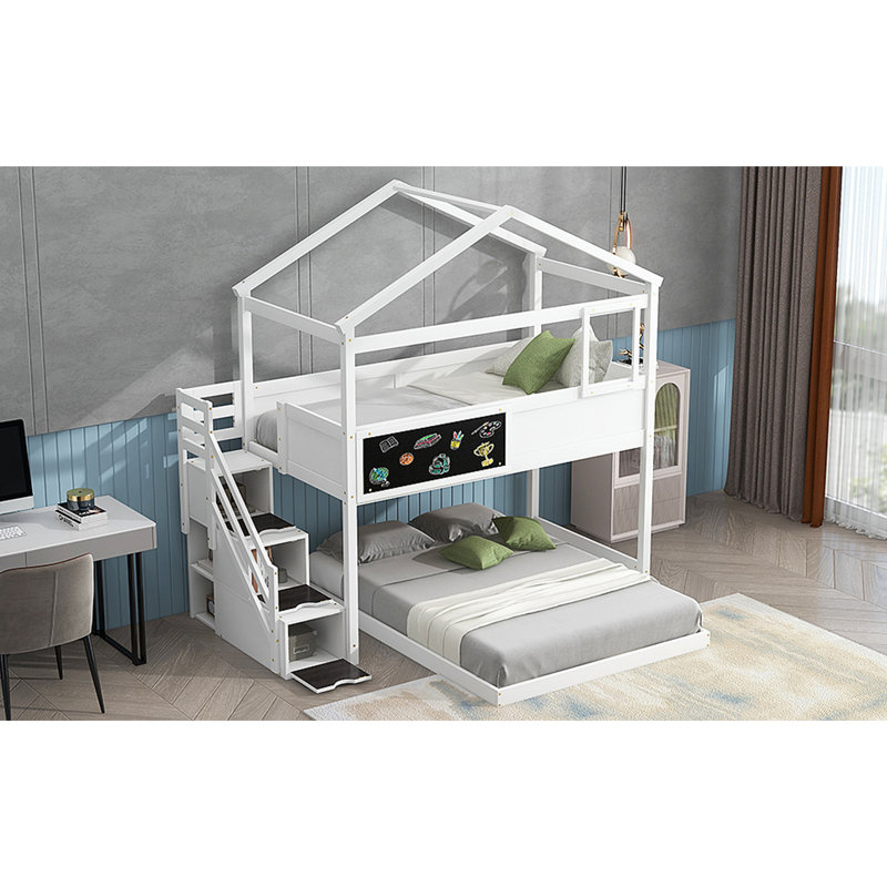 Lit superposé House avec escalier et rangement, Blanc