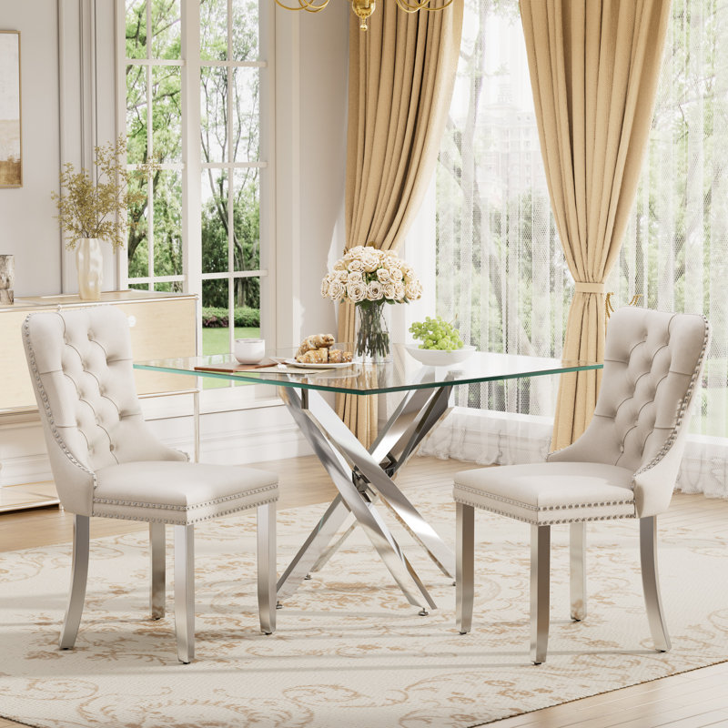Square Pedestal Dining Set with Tufted Dining Chair, Beige, 3 Pieces: Table, 2 Chairs, Silver