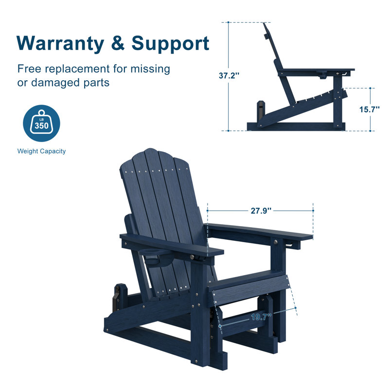 HDPE Glider Adirondack Chair 3-Position Adjustable, All-Weather Glider Rocking Outdoor Chair for Garden, Lawn & Porch, Navy