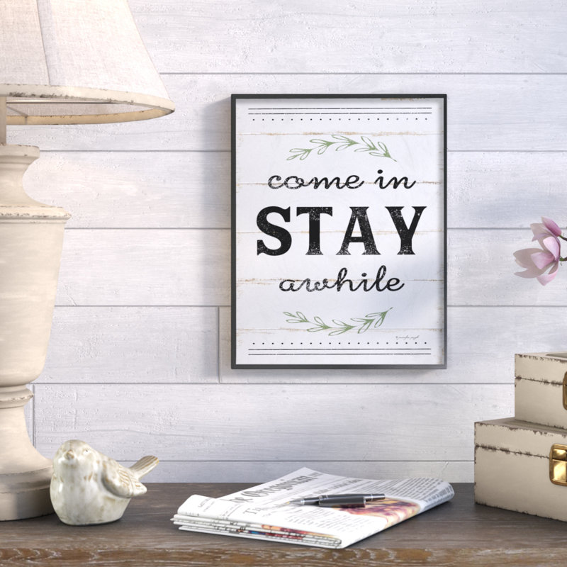 «Come Stay A Time Rosemary Typographie Distress White», art mural, Giclée encadrée noir minuit, H 14 po x l 11 po x P 1,5 po