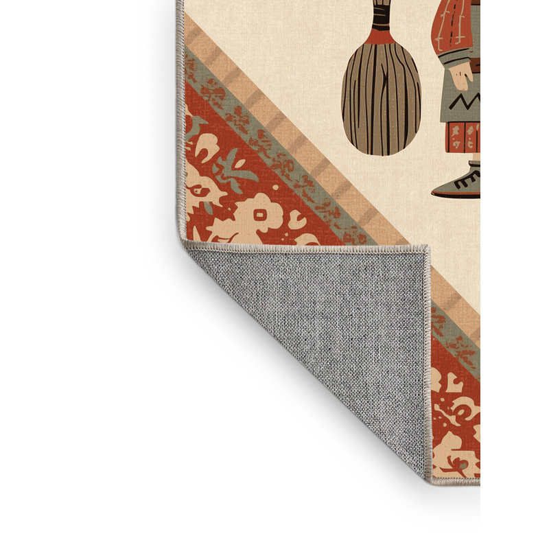 Machine Washable Ulster Domovoi Cottage Americana Block Print Rug in Beige – Beige Binding, 8x12