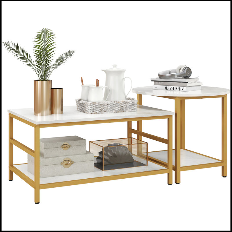 Coffee Tables Set of 2, 2-Rier Rectangle and Round Coffee Table with Storage Shelves