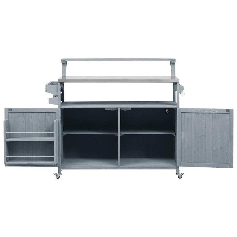 53.3" Outdoor Kitchen Island with Raised Shelf, Solid Wood Storage Cabinet with Stainless Steel Top, Outdoor Rolling Grill Cart with Internal Storage Rack, Adjustable Shelf, Spice Rack, Grey Blue
