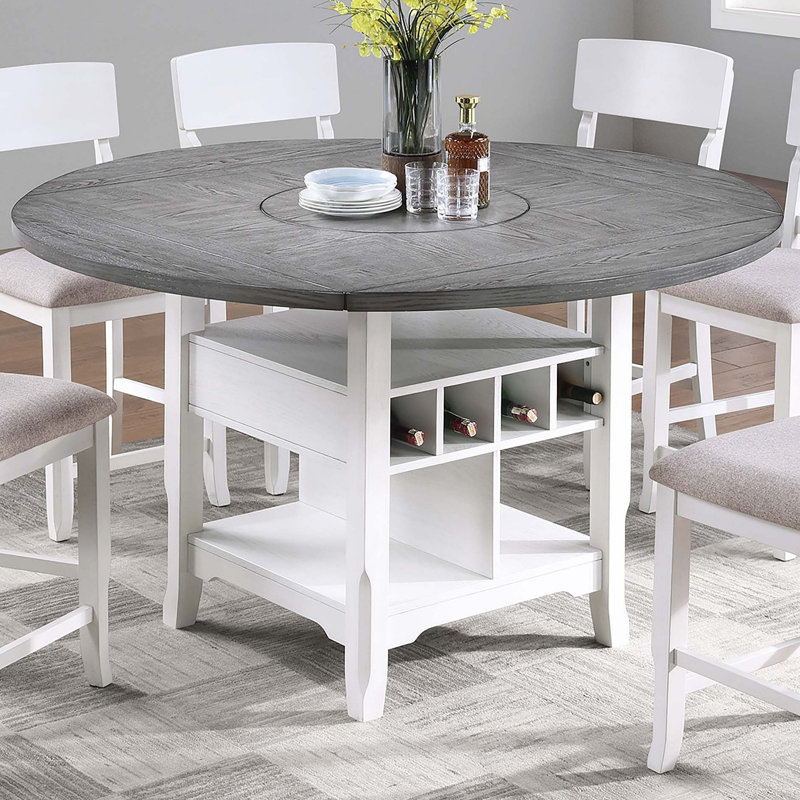 Table de salle à manger à hauteur de comptoir de 1 pièce avec tablette de rangement intégrée Lazy Suzan, Blanc antique