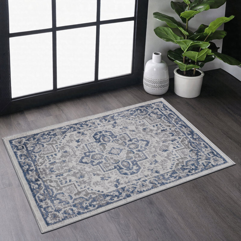 Paillasson 2 x 3 bleu et gris à motif oriental avec tapis d'entrée