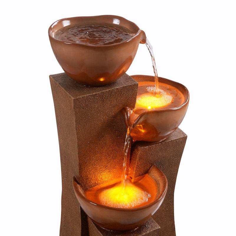 Jeany 28.54" Outdoor Water Fountain with LED Lights, Brown