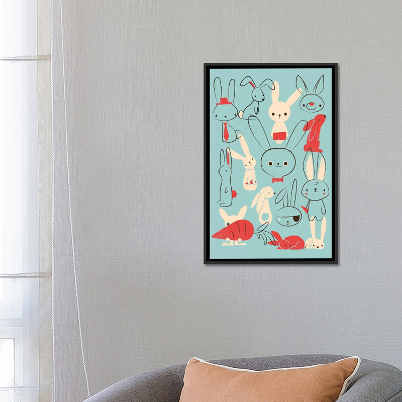 « bunnies blue », impression sur toile tendue, H 26 po x l 18 po x P 1,5 po, Toile encadrée noire