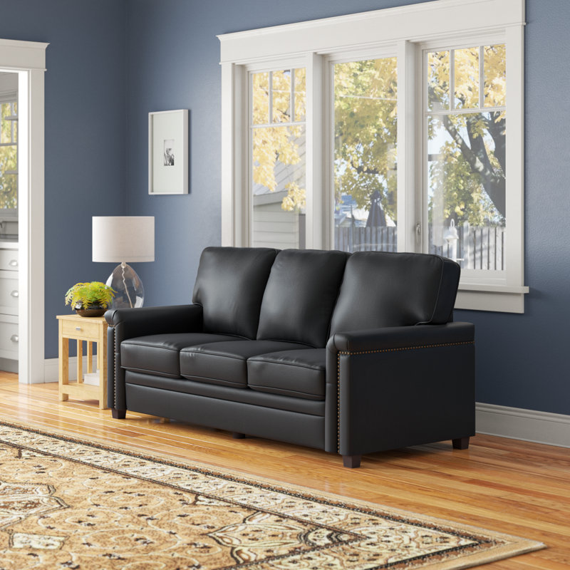 Ansela 77.2" Genuine Leather Square Arm 3-Seat Sofa, Black Pebbled Faux Leather