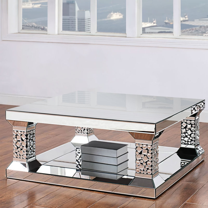 Mirrored Rectangular Coffee Table with Faux Gem Inlay
