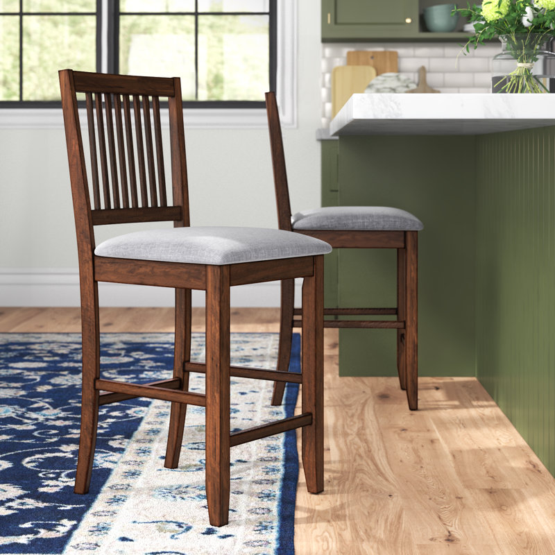 Anthonny 24.8" High Square Cushion Seat High Back Solid Wood Counter Height Bar Stool, Walnut