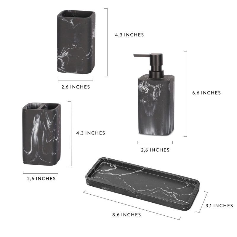 Ensemble d'accessoires de salle de bain, ensemble complet de meuble-lavabo pour salle de bain 4 pièces, ensemble complet d'accessoires de salle de bain aspect marbre, comprend distributeur de lotion, pompe à savon, gobelet, porte-brosse à dents et plat