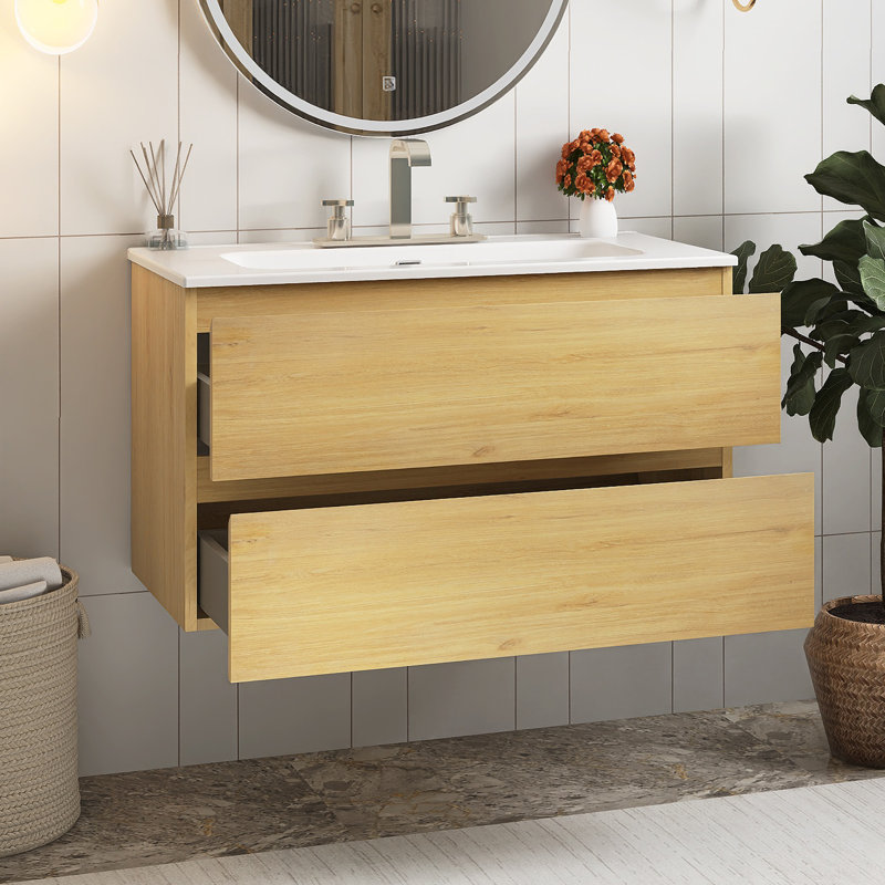 Meuble-lavabo mural 36 po avec lavabo en céramique et trois trous de robinet, Chêne naturel
