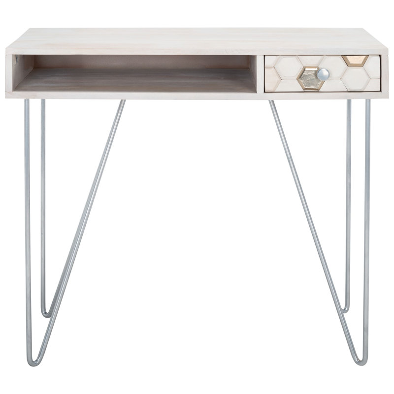 Bureau en bois massif Kershaw, Blanc délavé, Argent
