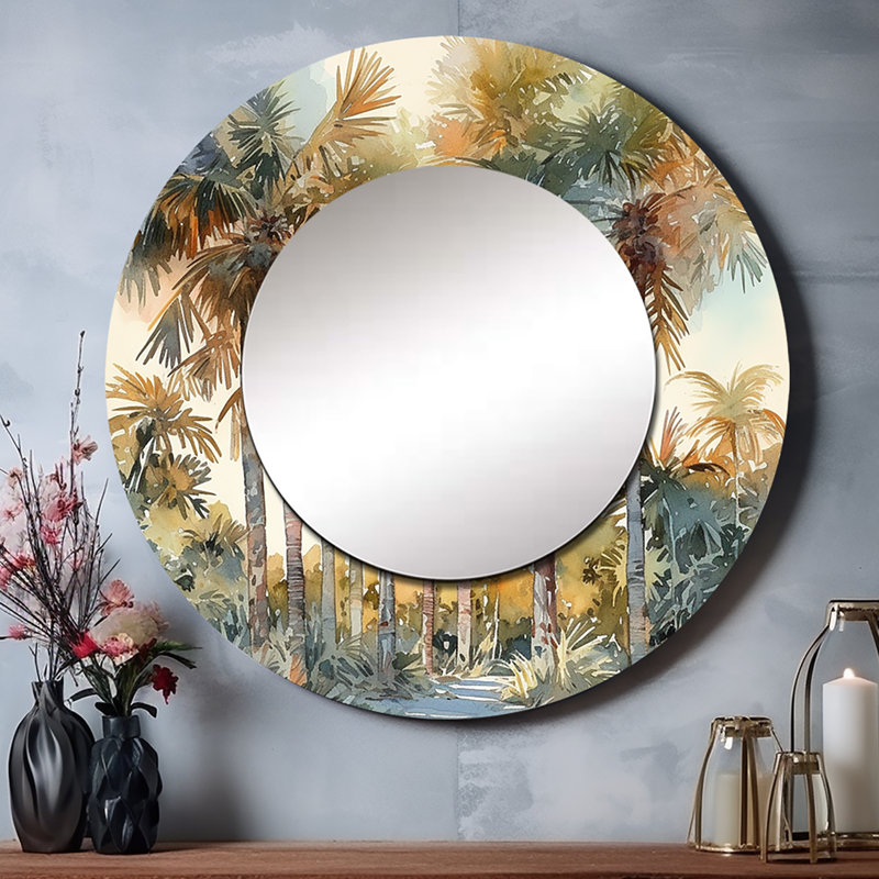 Pozek Green Palm Tree Paradise III - Traditional Wall Mirror, Green Round Decorative Mirror, Printed Metal Art, 36" x 36"