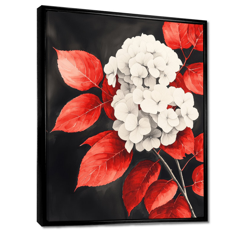 Monochromes hortensias avec feuilles rouges I - hydrangées, décoration murale, Noir, Impression encadrée flottante