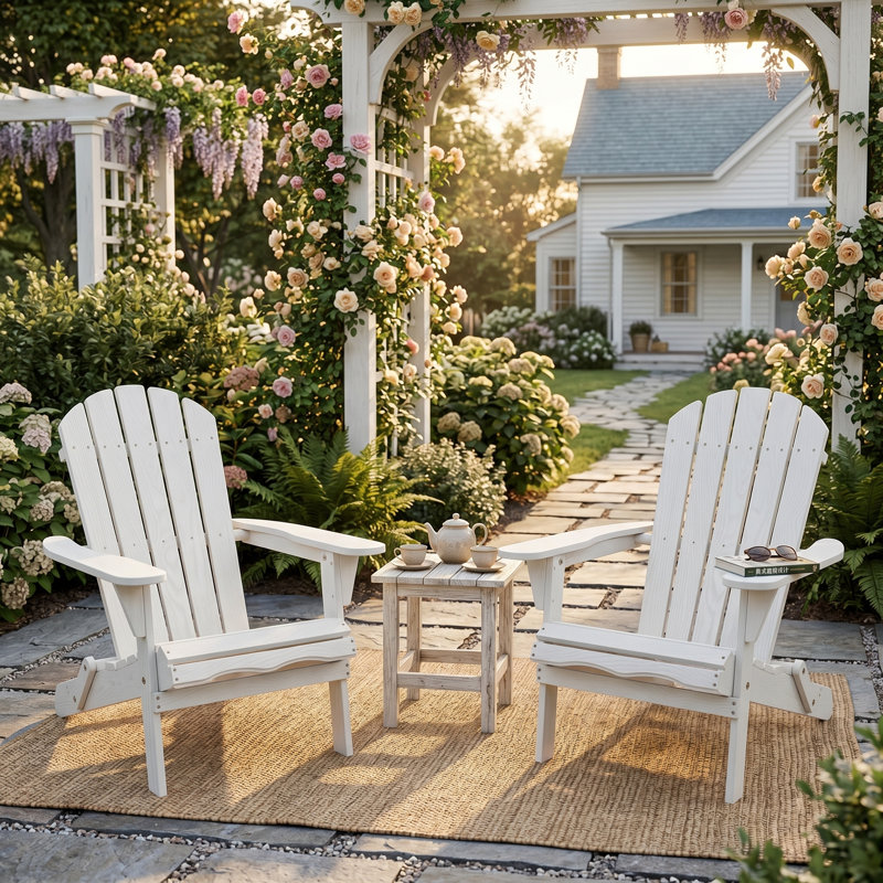 Chaise 2 pièces Adirondack pliante en bois avec dossier et siège pré-assemblés pour terrasse de jardin, Blanc, 2