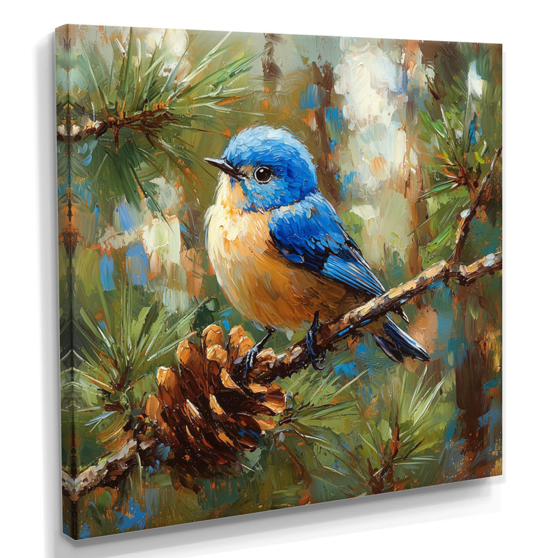 «Cheery Bluebird In The Pines II», art mural oiseau, H 30 po x l 30 po, Toile tendue, Ne s'applique pas