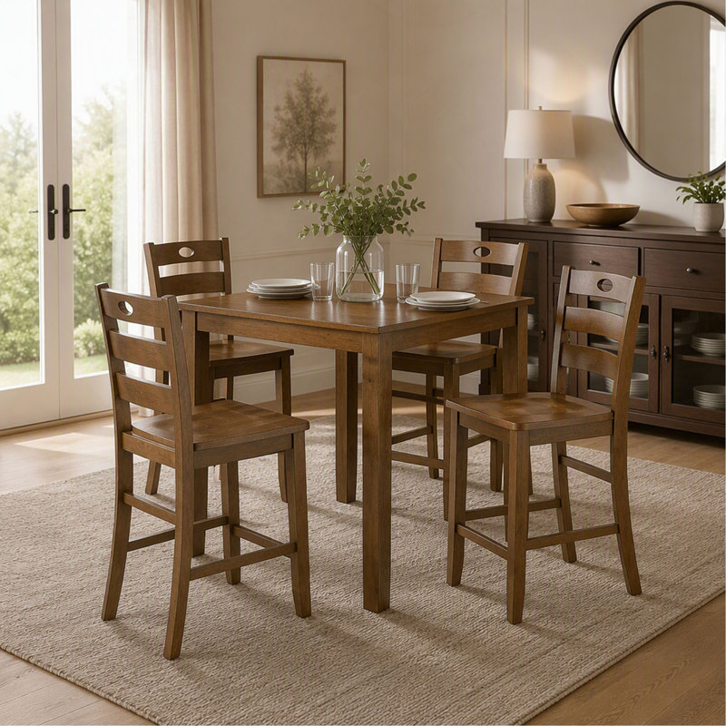 Ensemble de salle à manger transitionnel 5 pièces avec table carrée haute et 4 chaises à dossier à lattes, Walnut, Walnut