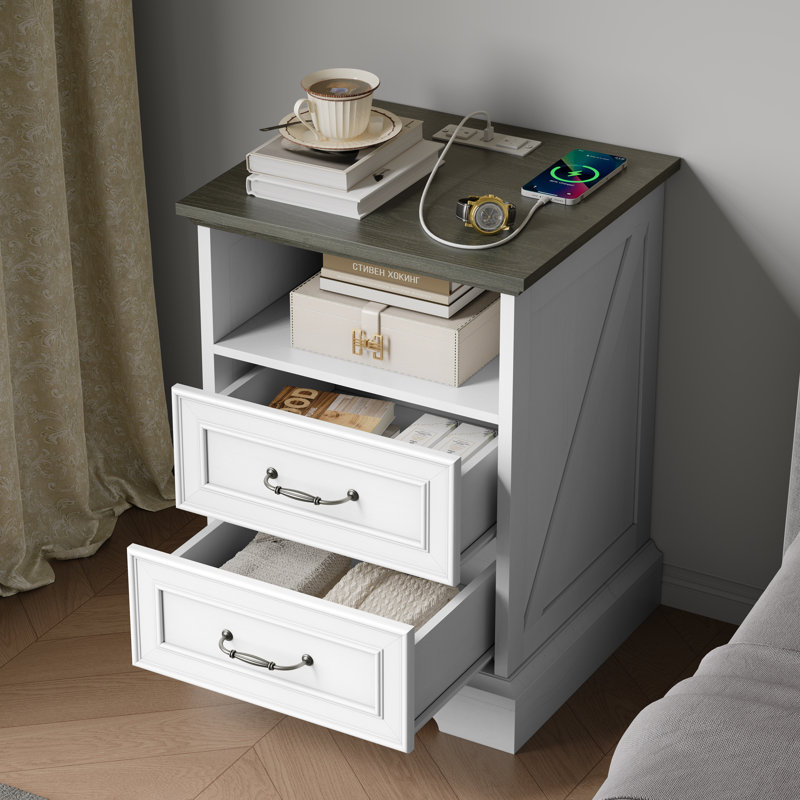 Vintage Nightstand With 2 Drawers, White/Dark Gray