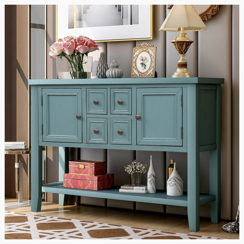 Armoire d'appoint en bois massif Delfausse, Bleu foncé