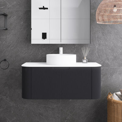 36 po W Meuble-lavabo mural simple noir avec lavabo blanc