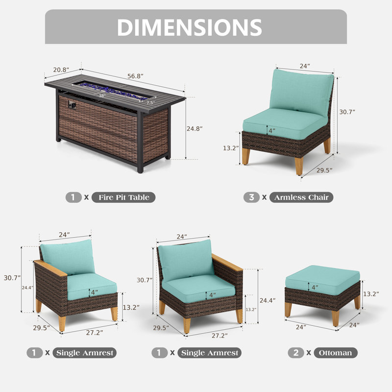 Argyri 7-Piece Wicker Outdoor Patio Furniture Set, Sectional Patio Set with Fire Pit Table, Yes, Blue