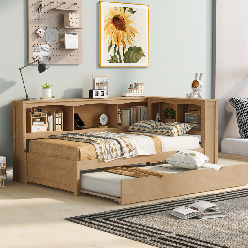 Daybed With Twin Trundle And Storage - Strong Wood Bed Frame Spacious Options Quality, Natural