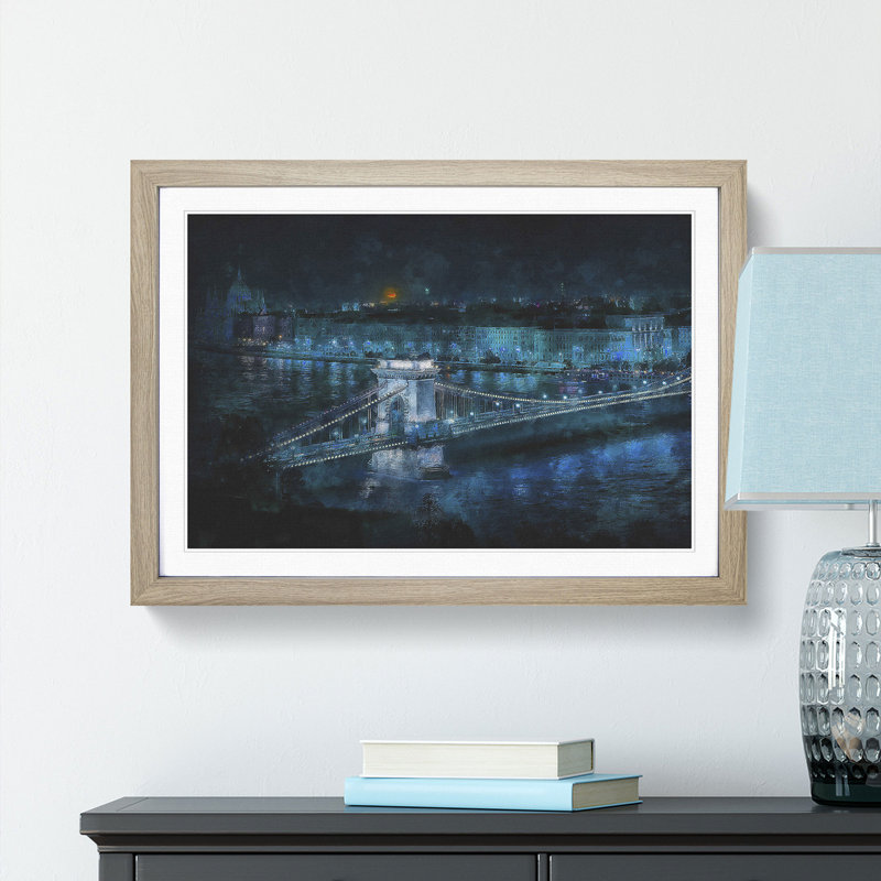 Chain Bridge in Budapest - Picture Frame Graphic Art Print, Oak Framed, 45cm H x 63cm W x 2cm D